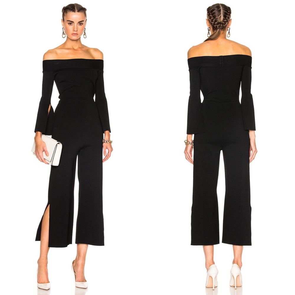 Roland Mouret Black Off-Shoulder Cropped Flare Jumpsuit